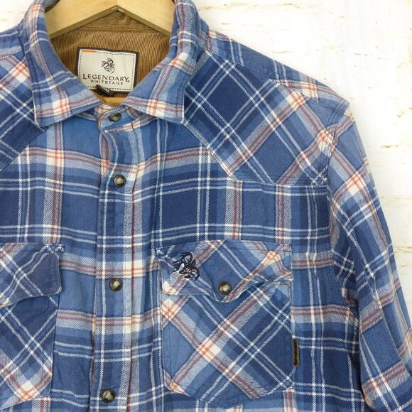 Legendary Whitetails Shirt Mens L Blue Plaid Western Flannel Stockyards Shotgun - Picture 5 of 16